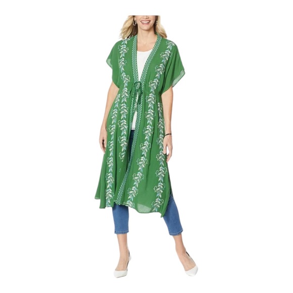Curations Embroidered Gauze Kaftan Topper / Cover-Up in Green and White — BNWT! - Picture 2 of 6